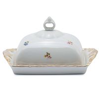 Масленка с крышкой 1шт Мелкие цветы широкая кайма Слоновая кость